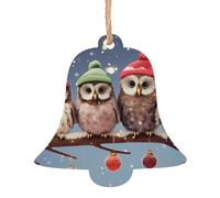 Cute Christmas Owls on Branch Printed Bell Shape Xmas Ornaments 1 Pcs, Christmas wooden pendant Hanging for Xmas Tree Home Indoor Outdoor Decor