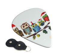 Cute Christmas Owls on Branch Printed Guitar Picks, 6 Pack with Leather Keychain Pick Holder - 0.46mm, 0.71mm, 0.96mm Assorted Thickness for Acoustic Ukulele, Electric Guitar, Acoustic Guitar, Bass