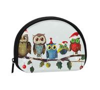 Cute Christmas Owls on Branch Printed Mini Coin Pouch, Shell Shape Zip Around Wallet, Small Zipper Pouch for Cash, Cards, Keys, Lipstick, Storage Pouch, Travel Organizer