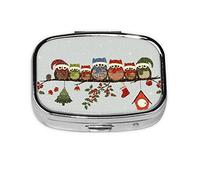 (Cute Christmas Owls on Branch) Square Pill Box with 2 Compartment Small Pill Organizer Portable Pill Case Vitamin Containers, Travel Essentials 5.5x4x1.8 cm