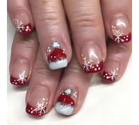 Cute Christmas Press on Nails,Short Square Xmas False Nails with Christmas Hat&Snowflakes Design,24PCS Lovely Fake Nails with Christmas Elements for Women or Girls(Style-7)