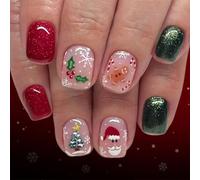 Cute Christmas Press on Nails,Short Square Xmas False Nails with Gingerbread Man Christmas Tree Design,24PCS Unique Shinny Fake Nails with Christmas Elements for Women or Girls(Style-13)