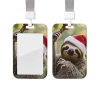 Cute Christmas Sloth Heavy Duty Id Card Badge Holder Plastic Name Tag Badge Holder with Clear Window Waterproof Card Protector Sleeve for Nurse Doctor Teacher Office Employee