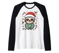 Cute Christmas Sloth with Santa Hat and Candy Canes Raglan Baseball Tee