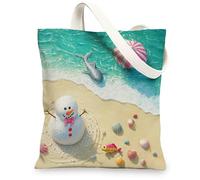 Cute Christmas Snowmen Canvas Tote Bag for Shopping 13 * 15, Funny Beach Coastal Shells Reusable Grocery Bag for Women, Fun Travel Painting Gift Decoration