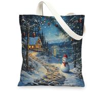 Cute Christmas Snowmen Canvas Tote Bag for Shopping 13 * 15, Xmas Forest Nature Scene Reusable Grocery Bag for Women, Winter Work Travel Pattern Gift Decor