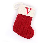 Cute Christmas Stocking with Letter Monogram - Mini Decorative Socks, Knitted Plush Gift Stocking for Family Holiday Party Decor (Red V, One Size)