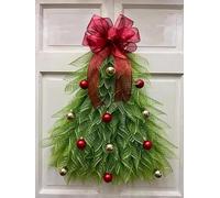 Cute Christmas Tree Ribbon Wreath with Big Red Bow Light Up Green Christmas Tree Wreath with Balls for Front Door Mantel (Non-light Up Green A, 40 * 50CM)