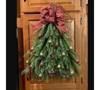 Cute Christmas Tree Ribbon Wreath with Big Red Bow Light Up Green Christmas Tree Wreath with Balls for Front Door Mantel (Light Up Green B, 40 * 50CM)