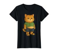 Cute Chubby Cartoon Cat with Big Eyes Value Graphic T-Shirt, Women, Black, S