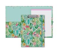 Cute Clipboard Folio with Refillable Lined Notepad and Interior Storage Pocket for Office Stylish A4 Foldable Clipfolio - Cactus Flowers