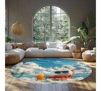 Cute Cloud Vacation Circle Rug 150 cm Washable Cloud Lounging by the Sea with Drink Atmosphere Circle Carpet for for Entrance Coffee