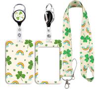Cute Clover Lanyard with Card Holder Rainbow Vertical ID Badge Holder Card Sleeve with Retractable Reel Clip for Nurse Teacher Office Staff Work Cruising