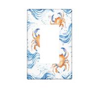 Cute Coastal Crab Decorative Light Switch Cover Plate 1 Gang Single Rocker, Watercolor Sea Waves Kid Electrical Faceplate for Kitchen Bathroom, Ocean Life Switchcover Decor
