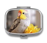 Cute Cockatiel Pill Box, 2 Compartment Medicine Pill Case, Portable Pill Organizer for Pocket Or Purse Decorative Metal Medicine Vitamin Organizer