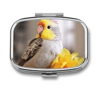 Cute Cockatiel Pill Box 2 Compartments Portable Travel Pill Case Mini Medicine Organizer for Pocket Purse Metal Waterproof Medicine Container Holder Vitamin Fish Oil