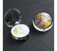 Cute Cockatiel Pill Box with Mirror 3 Compartment Decorative Pill Case for Purse or Pocket Small Round Pill Organizer Weekly Metal Medicine Tablet Vitamin Holder Travel Gift