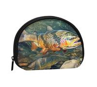 Cute Coin Purse and Mini Pouch Change Wallet, Brook Trout Fly Fishing Printed Small Fashion Money Bag Zipper Coin Pouch for Women, Black, One Size, Half Circle