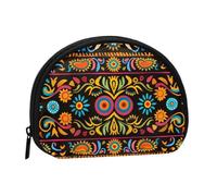Cute Coin Purse and Mini Pouch Change Wallet, Mexican Folk Art Boho Printed Small Fashion Money Bag Zipper Coin Pouch for Women, Black, One Size, Half Circle