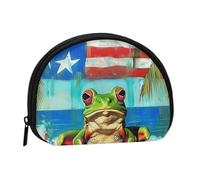 Cute Coin Purse and Mini Pouch Change Wallet, Puerto Rico Flag Frog Palm Trees Printed Small Fashion Money Bag Zipper Coin Pouch for Women, Black, One Size, Half Circle