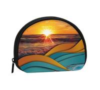 Cute Coin Purse and Mini Pouch Change Wallet, Sunset and Sunrise with Sea Waves Printed Small Fashion Money Bag Zipper Coin Pouch for Women, Black, One Size, Half Circle
