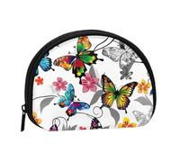 Cute Coin Purse and Mini Pouch Change Wallet, White Floral Pattern Colorful Butterflies art Printed Small Fashion Money Bag Zipper Coin Pouch for Women, Black, One Size, Half Circle