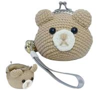 Cute Coin Purse Crochet Bear Coin Purse Kiss Lock Closure Small Pouch with Handle for Change & Keys, Women & Girls (Khaki)