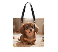 Cute Colored Coffee Dachshund Square PU Leather Tote Bag