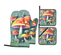 Cute Colored Mushrooms A 4-Piece Oven mitt and potholder Set with Printed Grilling Mitts is Perfect for Cooking Baking and Grilling