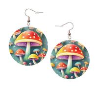 Cute colored mushrooms Round Leather Earrings KC Gold, Double-Side Printed Drop Dangle Jewelry for Women, for Festival Party Gift