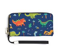 Cute Colorful Cartoon Forest Dinosaurs on Dark Blue Long Clutch Wallet, Long Handbag with Removable Wristlet Strap, PU Leather Zip Purse, Credit Pass Case Card-Holder for Men Women