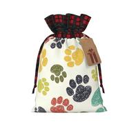 Cute Colorful Dog Paw Print Christmas Drawstring Gift Bag Xmas Bags Festive Plaid Design Presents Packaging