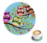 Cute Colorful Owls Non-Slip Drink Coaster 1 Pack, Bright Cute Cartoon Owls Drink Coasters Mats for Drinks, Garden Cup Mat Coffee Bar Decoration, Gift for Couples Uncle, 4 Inch