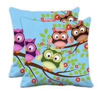 Cute Colorful Owls Square Cushion Cover, Bright Cute Cartoon Owls Caravan Throw Pillow Cover 50cm X 50cm, 20X20 Inch Cushion Case for Bedroom, Gifts for Girls Gift Set Women, Set of 2