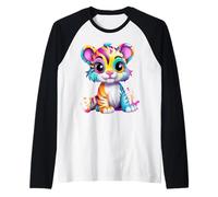 Cute Colorful Rainbow Tiger Cub Big Eyes Adorable Animal Raglan Baseball Tee