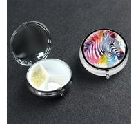 Cute Colorful Zebra Pill Box with Mirror 3 Compartment Decorative Pill Case for Purse or Pocket Small Round Pill Organizer Weekly Metal Medicine Tablet Vitamin Holder Travel Gift