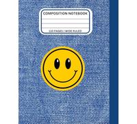 Cute Composition Notebook for Left-Handed Kids - Blue with Yellow Smiley Face - Wide Ruled - 110 Pgs - 7.5 x 9.25 in - Left Handed Notebook for School - Lefty Notebooks Wide Ruled