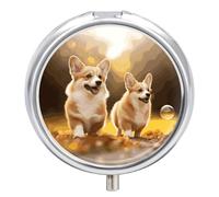 Cute Corgi 3 Compartment Portable Travel Pill Box with Round Metal Mirror for Medication Storage, Medicine Box for Storing Vitamins and Fish Oil