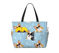 Cute Corgi Beach Bag for Women Dog Sunglasses Waterproof Beach Tote with Zip Lightweight Overnight Shoulder Shopping Swimming Bag Summer Holiday Gifts