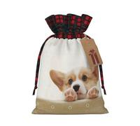Cute Corgi Christmas Drawstring Linen Gift Bag Paired With Scottish Plaid Fabric, With A Delicate And Simple Texture