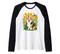 Cute Corgi Dog Amongst Daffodils Supporting Wales Raglan Baseball Tee