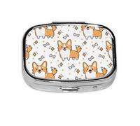 Cute Corgi Dog and Bone Pattern,Meta Pill Box 2 Compartment Medicine Case,Portable Organizer,Rectangle Meta Portable Organizer Pill Box 1845 Compartment Medicine Case
