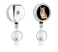 Cute Corgi Dog Cute Retractable Metal ID Badge Holder Reel Clip Keychain for Office Work