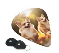 Cute Corgi dog Guitar Picks 6 Pack with Leather Guitar Pick Holder Keychain, Plectrum Key Fob Cases Bag, Abstract Art Plectrum for Acoustic Electric Guitar, Ukulele 0.46mm