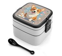 Cute Corgi Dog Illustration Bento Box with Spoon & Handle - 2 Compartment Leak-Proof Stackable Lunch Box for Adults, BPA-Free Reusable Food Containers for Work, Travel, Picnic