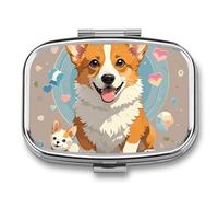 Cute Corgi Dog Illustration Pill Box - 2 Compartment Travel Pill Organizer with Small Mirror, Portable Pillcase for Pocket & Purse, Cute Square Medicine Case, Weekly Medicine Container