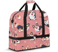 Cute Corgi Dog Travel Duffel Bag for Women Men, Pink Welsh Dogs Foldable Sports Gym Bag Weekend Overnight Totes Carry on Cabin Bag with Shoes Compartment