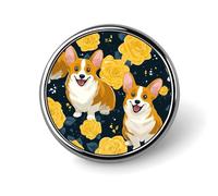 Cute Corgi Dogs Yellow Roses Round Brooch Pins Badge Printed Button Tie Lapel Backpack Pin Decoration for Women Men