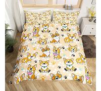 Cute Corgi Duvet Cover Set Queen Size,Smiling Dog Bedding Set 3pcs for Kids Teens Boys Room Decor, Cartoon Dog Paw Comforter Cover Kawaii Yellow Quilt Cover with 2 Pillowcases