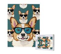 Cute Corgi Glasses and Mustaches Printed Jigsaw Puzzle with Storage Box, Wooden Puzzle for Adults and Kids, 500 Pieces Family Fun Decorative Game, 38x52 CM